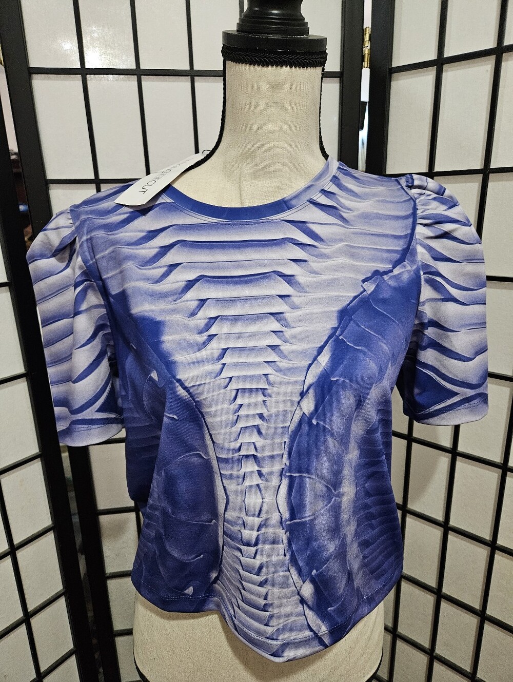 NWT Making The Cut  Large Blue Skeletal Print Women's Short Puff Sleeve Crop Top